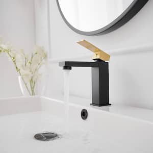 Single Handle Single Hole Low-Arc Bathroom Faucet Bathroom Drip-Free Vanity Sink Faucet Modern in Matte Black & Gold