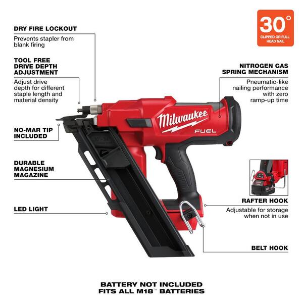 Milwaukee M18 FUEL 3-1/2 in. 18-Volt 30-Degree Lithium-Ion Brushless Cordless Nailer w/Tower Light, Two 6Ah HO Batteries
