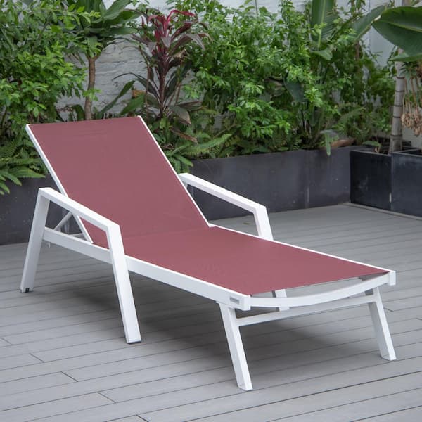 Leisuremod Marlin Outdoor Patio Chaise Lounge Chair with Arms in White Aluminum Reclining Backrest Mesh Sling Seat in Burgundy