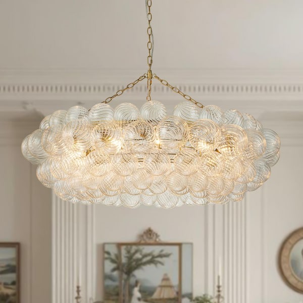 Neuvy 12-Light 40.9 in. W Brass Chandelier with Swirled-Glass Orb Cluster Bubble Ribbed Glass Chandelier for Living Room