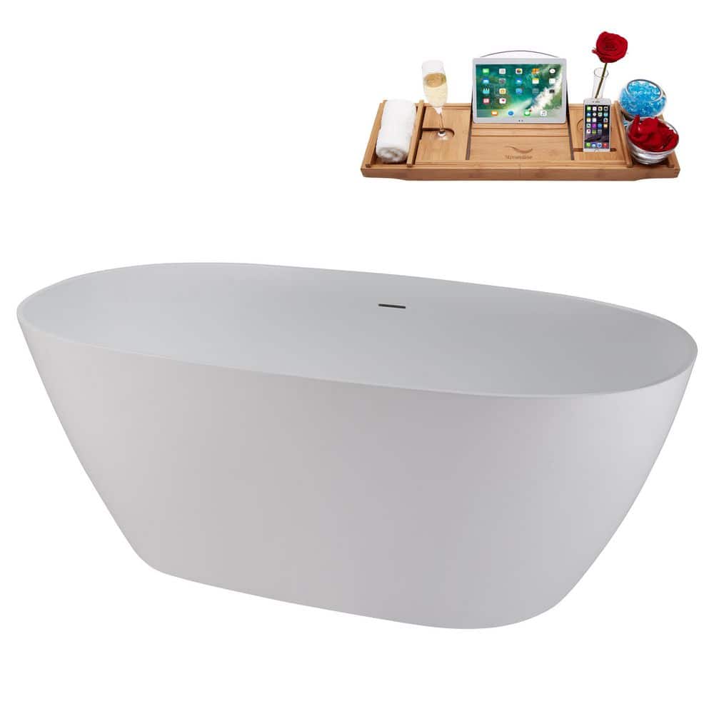 67" Matte White Stone Resin Freestanding Soaking Tub with Chrome Drain