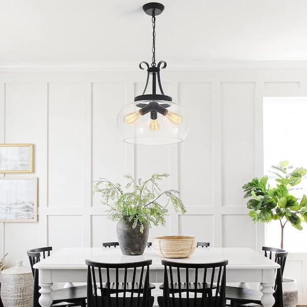 ADSENSTY 3-Light Mid-Century Modern Matte Black Pendant Light with Clear Glass Shade