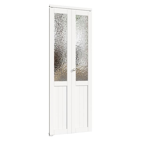 ARK DESIGN 30 in. x 80 in. 1/2 Lite Tempered Kasumi Ripple Glass Solid Core White Finished Glass Closet Bifold Door with Hardware