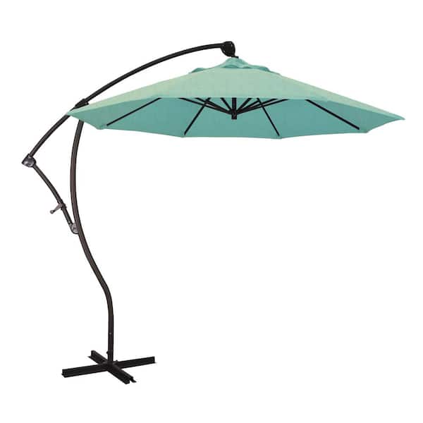 California Umbrella 9 ft. Bronze Aluminum Cantilever Patio Umbrella with Crank Open 360 Rotation in Spectrum Mist Sunbrella