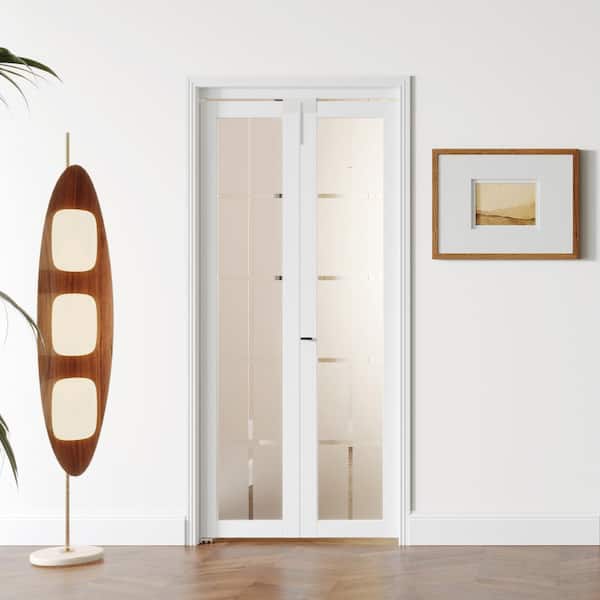36 in. x 80 in. Frosted Glass, Solid Core, White, 10-Lite, MDF Wood, PVC Covering Bi-Fold Doors with Hardware Kits