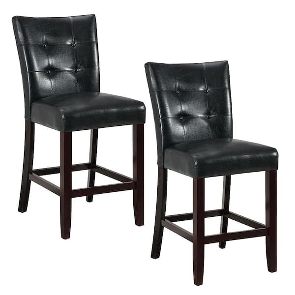 SIMPLE RELAX Dark Brown Solid Wood and Black Faux Leather High Chair (Set of 2)