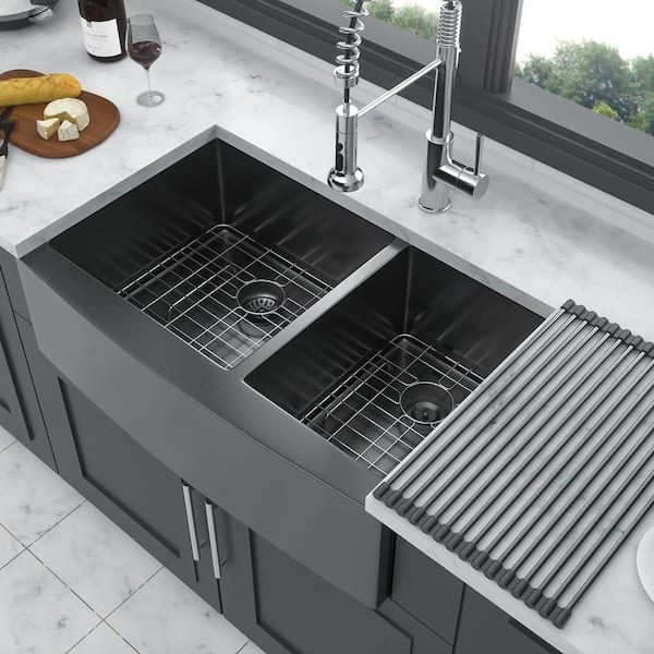 36 in. Farmhouse Double Bowl (60/40) 16-Gauge Gunmetal Black Stainless Steel Kitchen Sink with Bottom Grids