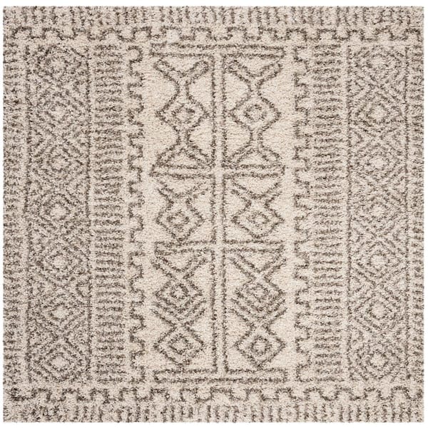 SAFAVIEH Hudson Shag Ivory/Gray 7 ft. x 7 ft. Square Tribal Border Area Rug