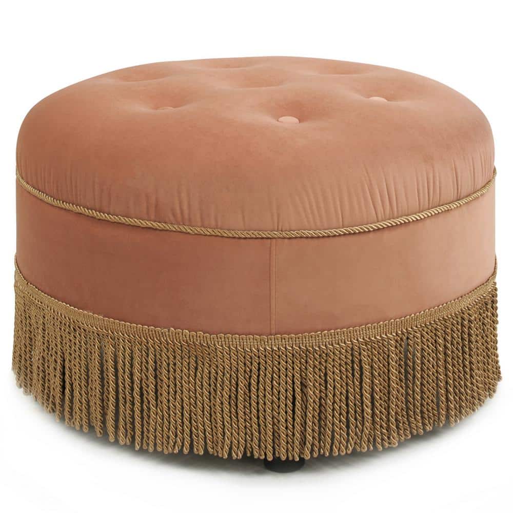 Yolanda Traditional Tufted Round Ottoman in Peach Orange Velvet