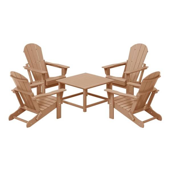 Laguna Teak Plastic Weather Resistant Adirondack Chair 5-Piece Outdoor Patio Conversation Set, Square Coffee Table