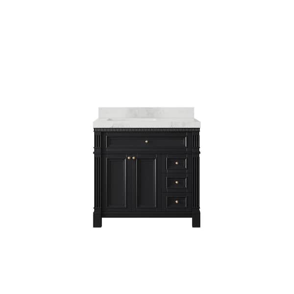 Willow Collections Paris 36 in. W x 22 in. D x 36 in. H Left Offset Sink Bath Vanity in Black with 2 in. Calacatta Nuvo qt. Top