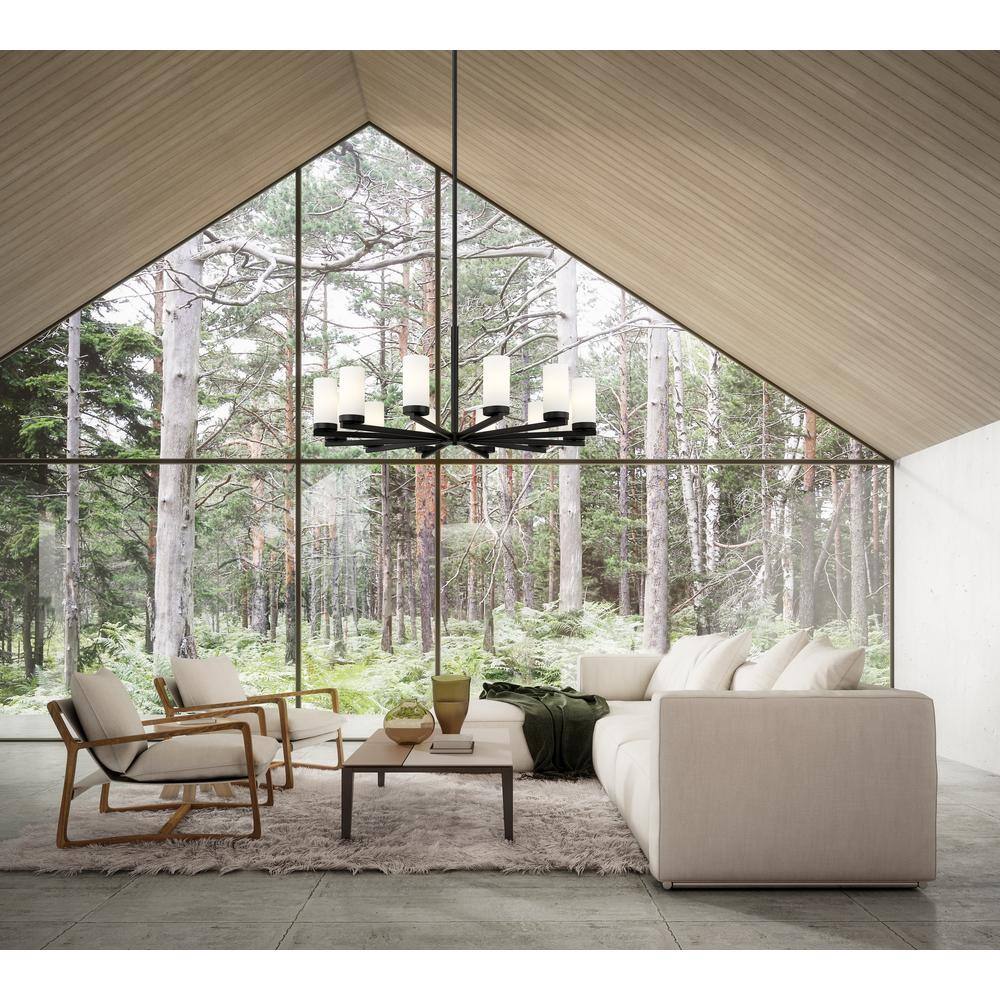Matte Black 12-Light Modern Chandelier with White Glass Shades