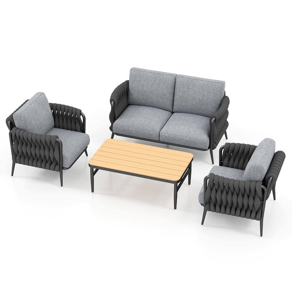 Gray 4-Piece Metal Rope Patio Conversation Set with Gray Cushions and Coffee Table price history on PriceWatchPro