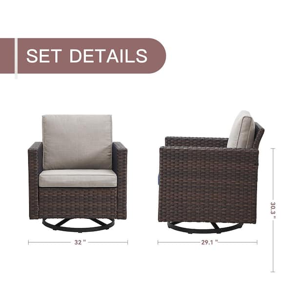 2-Piece Brown Wicker Patio Swivel Outdoor Rocking Chair Set with Beige Cushions