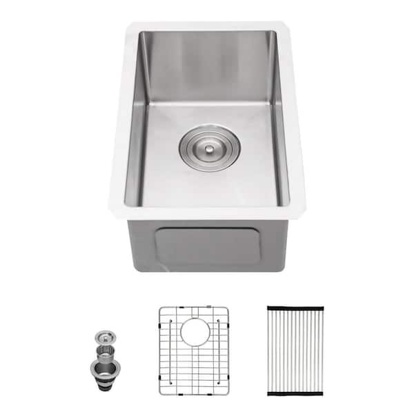 12 in. Undermount Single Bowl 16 Gauge Brushed Nickel Stainless Steel Kitchen Sink with Bottom Grids