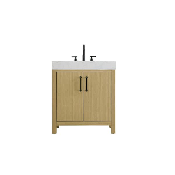 30 in. Single Sink Honey Brown Bath Vanity with White Engineered Marble Top