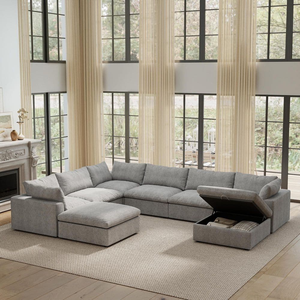 8-Piece Gray Feather Sectional Sofa 157.3 in. Linen Polyester Modular Free Combination Living Room Set with Storage