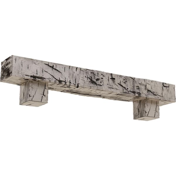 Ekena Millwork 4 in. x 4 in. x 4 ft. Hand Hewn Faux Wood Fireplace Mantel Kit, Alamo Corbels, Burnished Pine