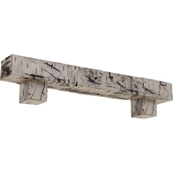 Ekena Millwork 6 in. x 6 in. x 4 ft. Hand Hewn Faux Wood Fireplace Mantel Kit, Alamo Corbels, Burnished Pine