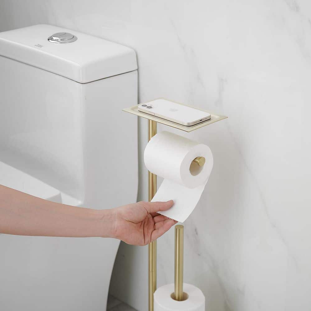Brushed Gold Freestanding Toilet Paper Holder with Storage Shelf