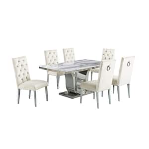 Ada 7-Piece White Marble Top with Stainless Steel Base Table Set with 6-Cream Velvet Chairs with Tufted Buttons