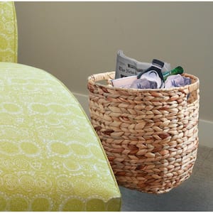 Large Round Water Hyacinth Wicker Basket with Handles - Handwoven Trash Bin for Bedroom, Bathroom, or Living Room