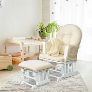 White/Cream Nursery Glider and Ottoman Set with Cushion, Rocker Rocking Chair for Breastfeeding, Maternity