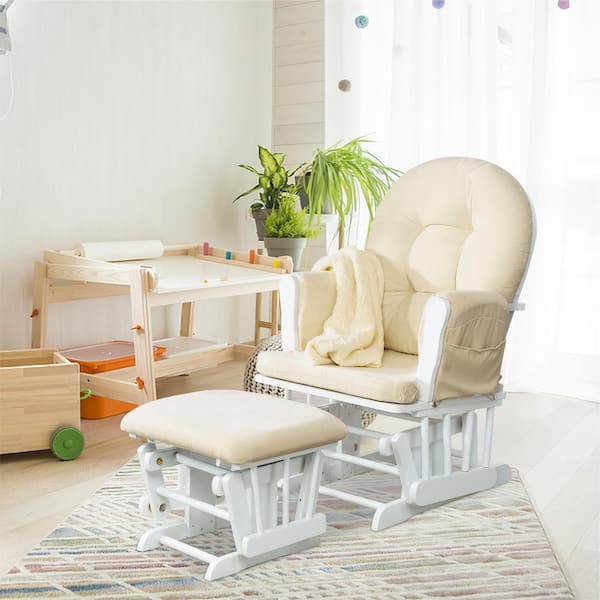 MAYKOOSH White Nursery Glider and Ottoman Set with Cream Cushion, Rocking Chair for Breastfeeding and Maternity Comfort