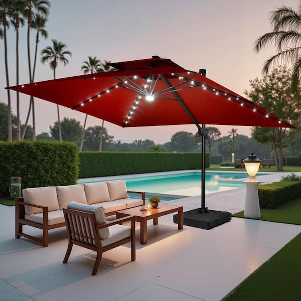 13 ft. x 10 ft. Aluminum Cantilever Patio Umbrella with Solar Lights in Red Patio Umbrella with 220 lbs. Wheeled Base