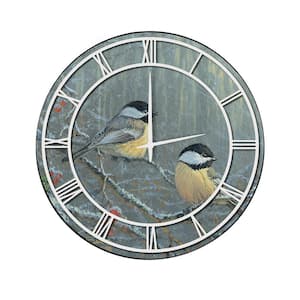 "Winter Breeze Chickadee" Full Coverage Art and White Numbers Imaged Wall Clock