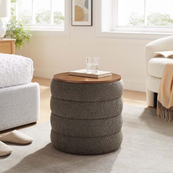 MODWAY Mezzo Round Boucle Fabric Storage Ottoman in Pebble
