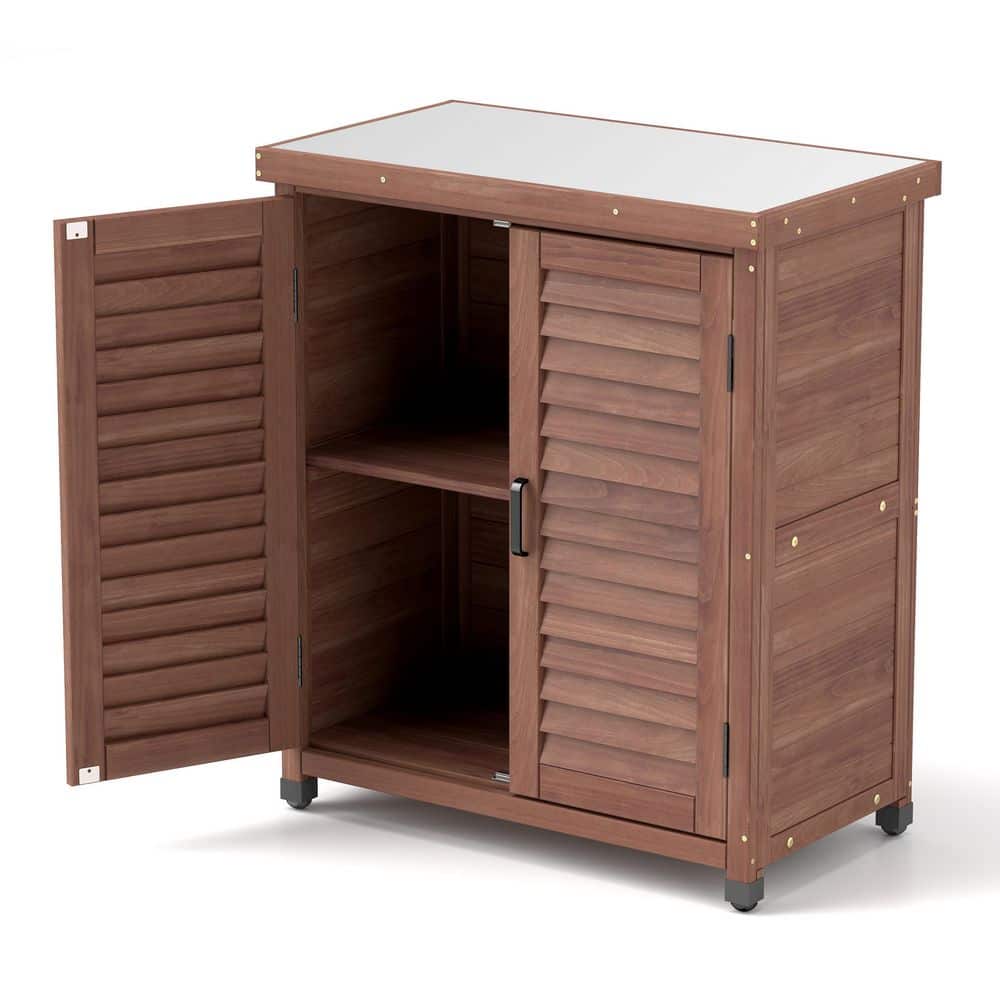 31.5 in. W Brown Wood Outdoor Side Table Patio Potting Bench Storage Cabinet Workstation W/ Door and Metal Table Top price history on PriceWatchPro