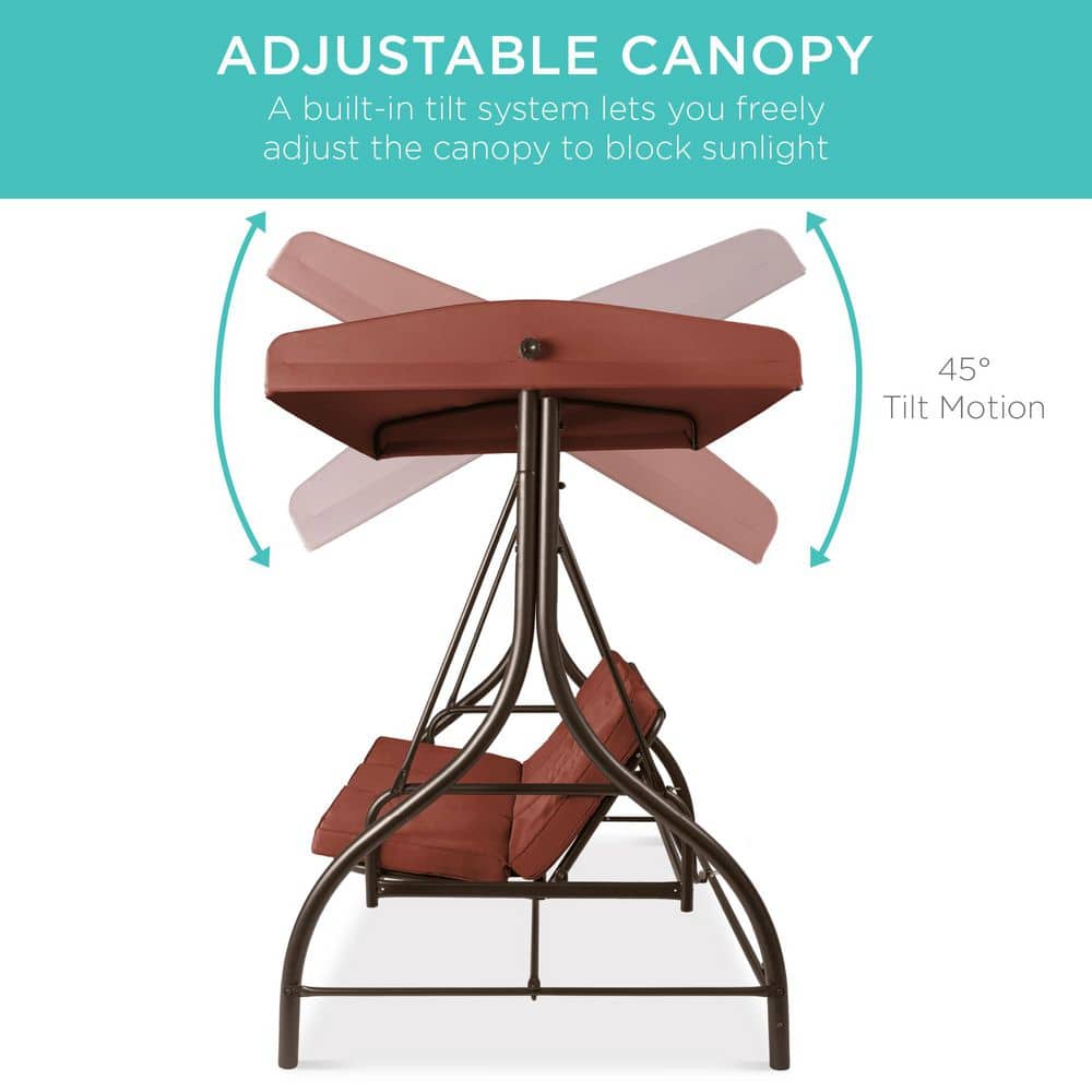 Dark Rust Steel Frame Outdoor Canopy Swing Glider with Cushions