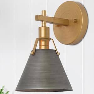 6 in. Modern Brushed Vintage Gold Bell Wall Sconce 1-Light Mid-Century Gray & Brass Vanity Light with Industrial Rivets