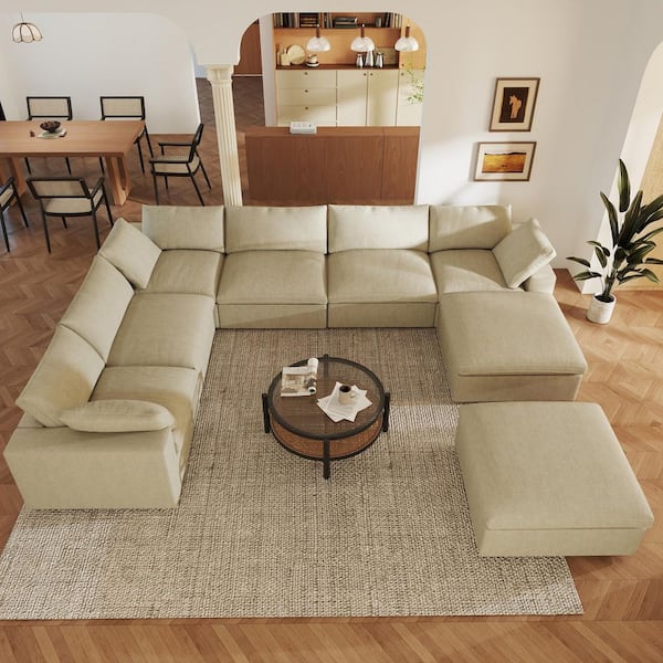 Down Filled 157 in. Square Arm 8-Piece Linen L Shaped Cloud Modular Sectional Sofa Couch with Ottoman, Covers in Khaki