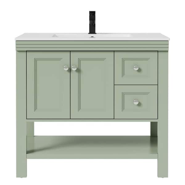 36 in. W x 17.7 in. D x 34 in. H 1-Sink Freestanding Bath Vanity in Green with White Ceramic Top and Drain Faucet Set