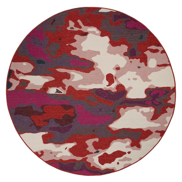 Kaleen Pianta Collection Red 5'3" x 5'3" Round Residential Indoor-Outdoor Area Rug