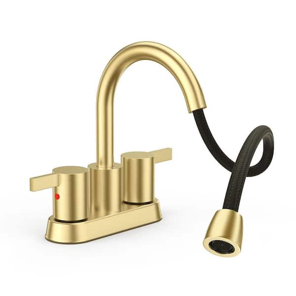Pull Down Sprayer Brushed Gold 4 in. Centerset Bathroom Faucet, 2-Handle 3-Hole Pull Out Bathroom Sink Faucet
