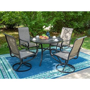 5-Piece Metal Outdoor Dining Set with Grey Padded Textilene Swivel Sling Chairs
