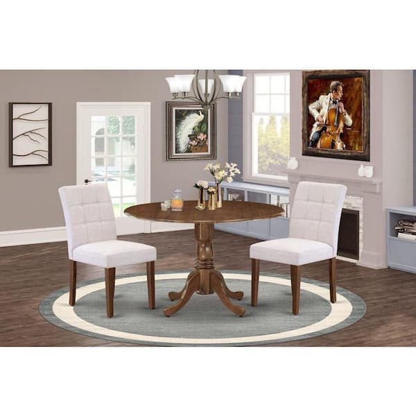 East West Furniture 3-Piece Antique Walnut Finish Solid Wood Top-Round Dining Room Set with Dropleaf- Seats-4