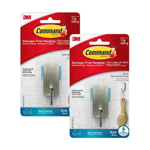1 lb. Small Satin Nickel Bath Hook (2 Hooks, 4 Water Resistant Strips)