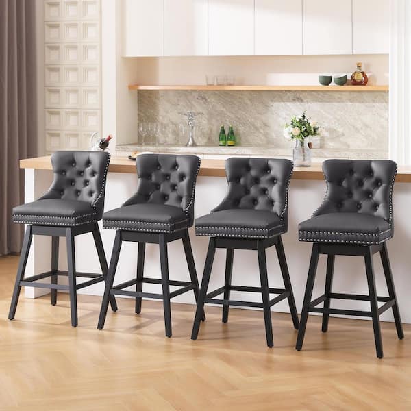 30 in. Gray Faux Leather Upholstered Solid Wood Frame Bar Height Swivel Bar Stool (Set of 4)