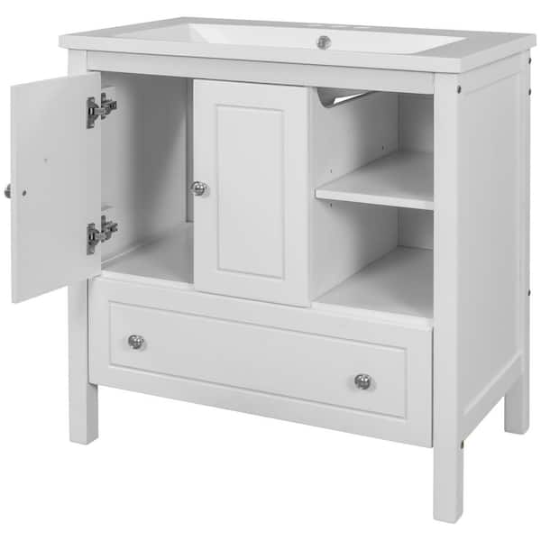 30 in. W x 18 in. D x 32 in. H Single Sink Bathroom Vanity with White Freestanding Vanity and White Ceramic Top