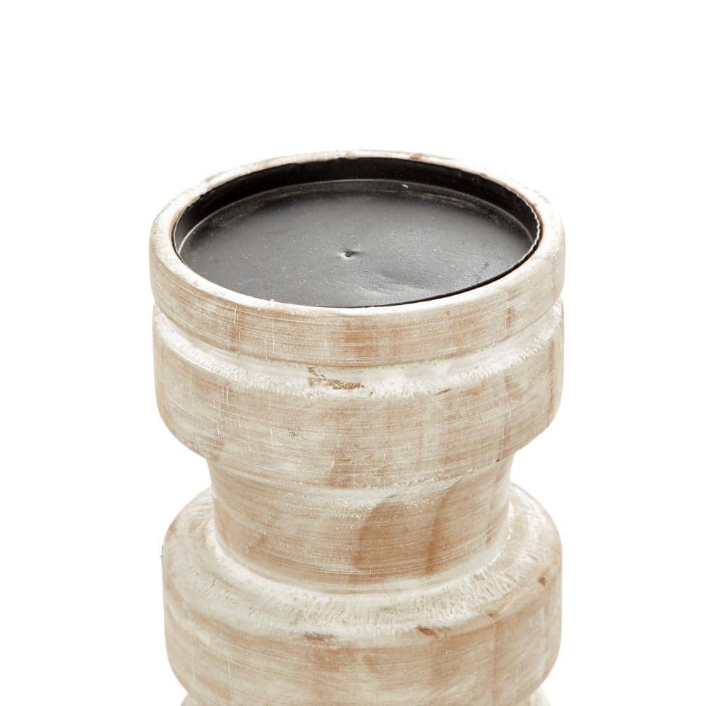 Brown Wood Pillar Candle Holder Set with White Wash Finish