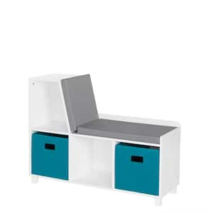 35 in. Wide Painted Kids Reading Nook Cushioned Toy Storage Bench with Cubby Organizers and 2-Turquoise Fabric Bins