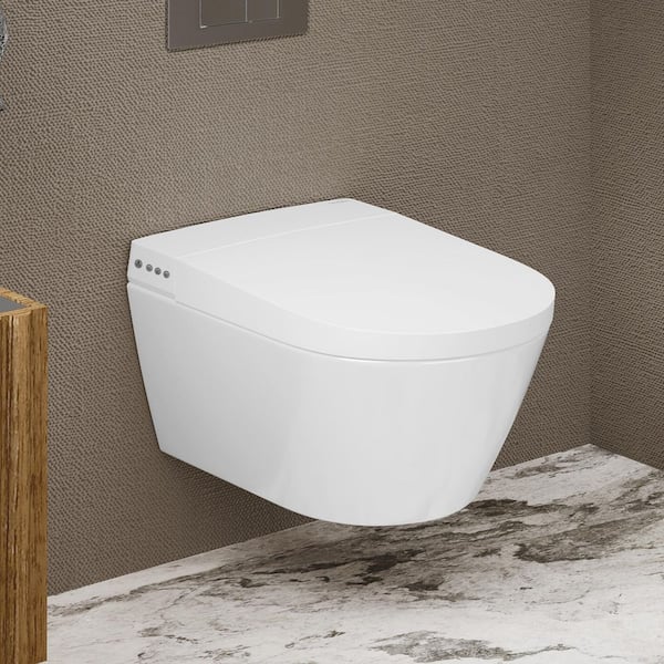 Hugo 2-piece 0.8/1.1 GPF Dual Flush Elongated Smart Wall Hung Toilet with Bidet Bundle in. Glossy White, Seat Included