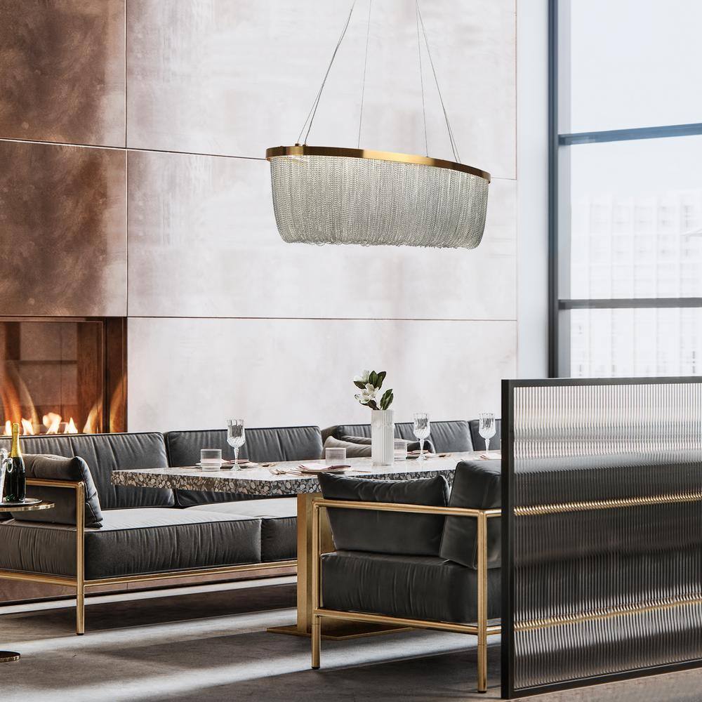 Brass Oval LED Chandelier with Metal Tassel Accents