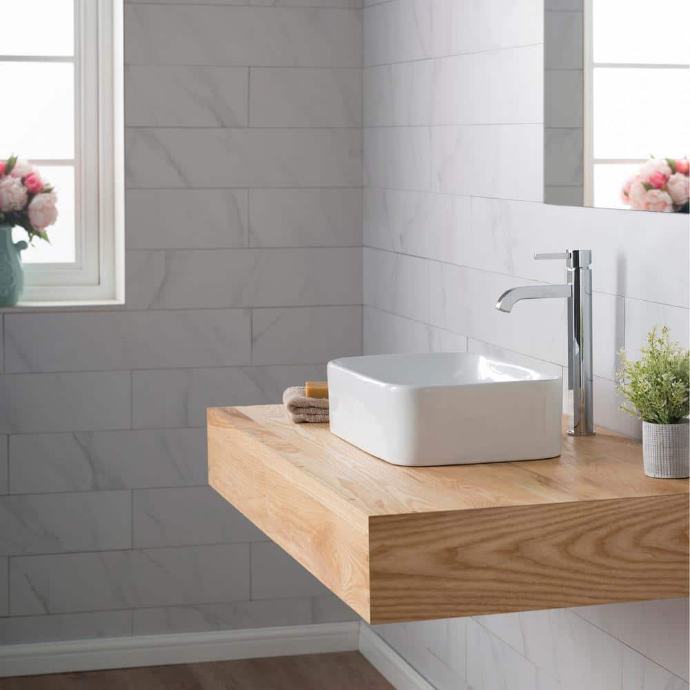 White Ceramic Rectangular Vessel Sink with Chrome Faucet