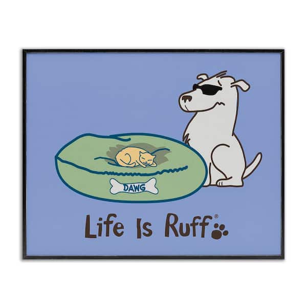 Stupell Industries Cat on Dog Bed by LIR Black Framed Animal Giclee Art Print 11 in. x 14 in.