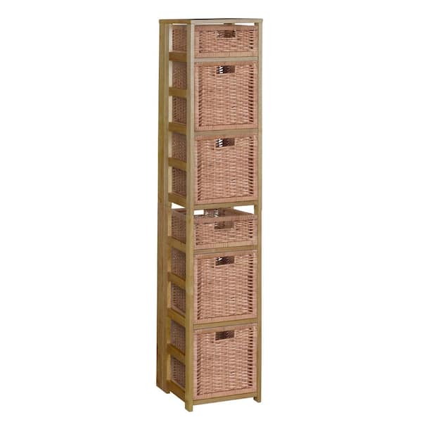 Regency Nemus 67 in. H Medium Oak and Natural Wood 6-Shelf Square Folding Standard Bookcase with Wicker Storage Baskets